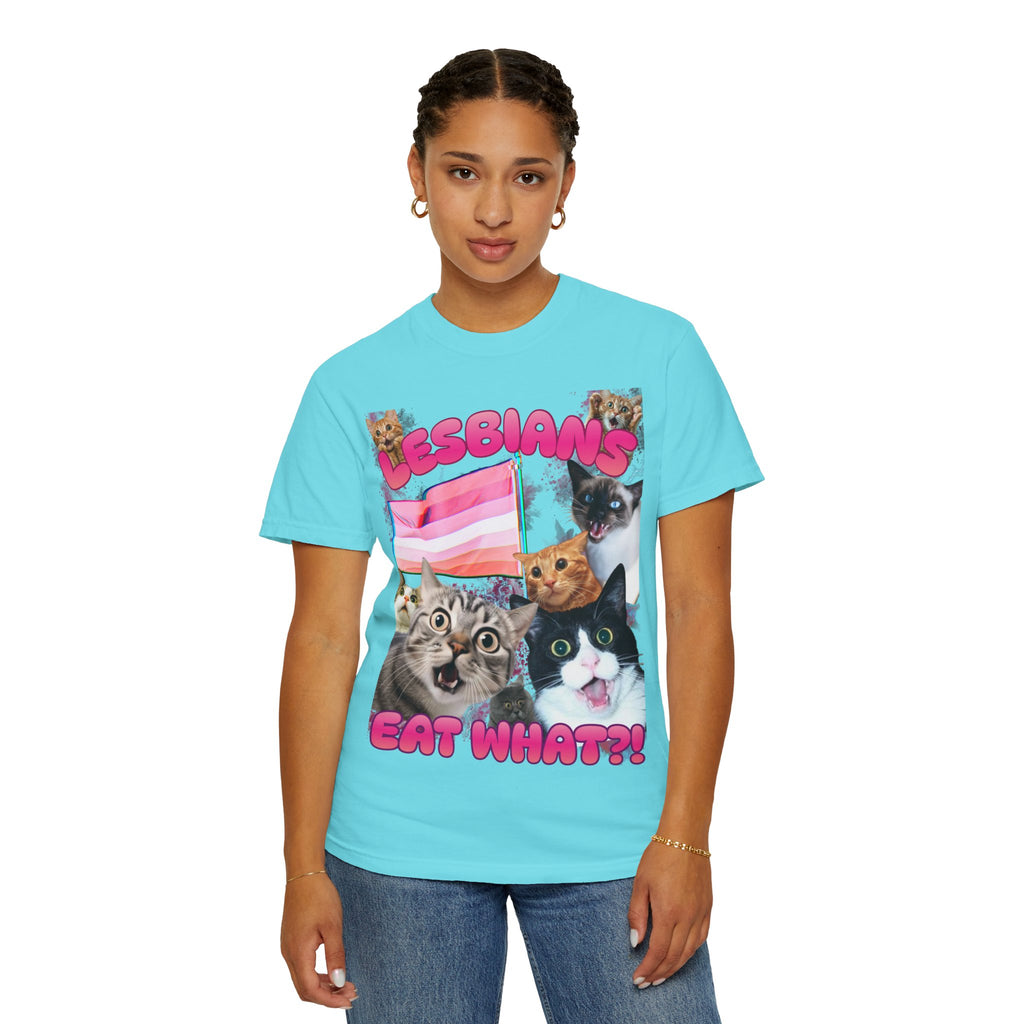 Lesbians Eat What?! Shocked Cats Unisex Garment-Dyed T-shirt