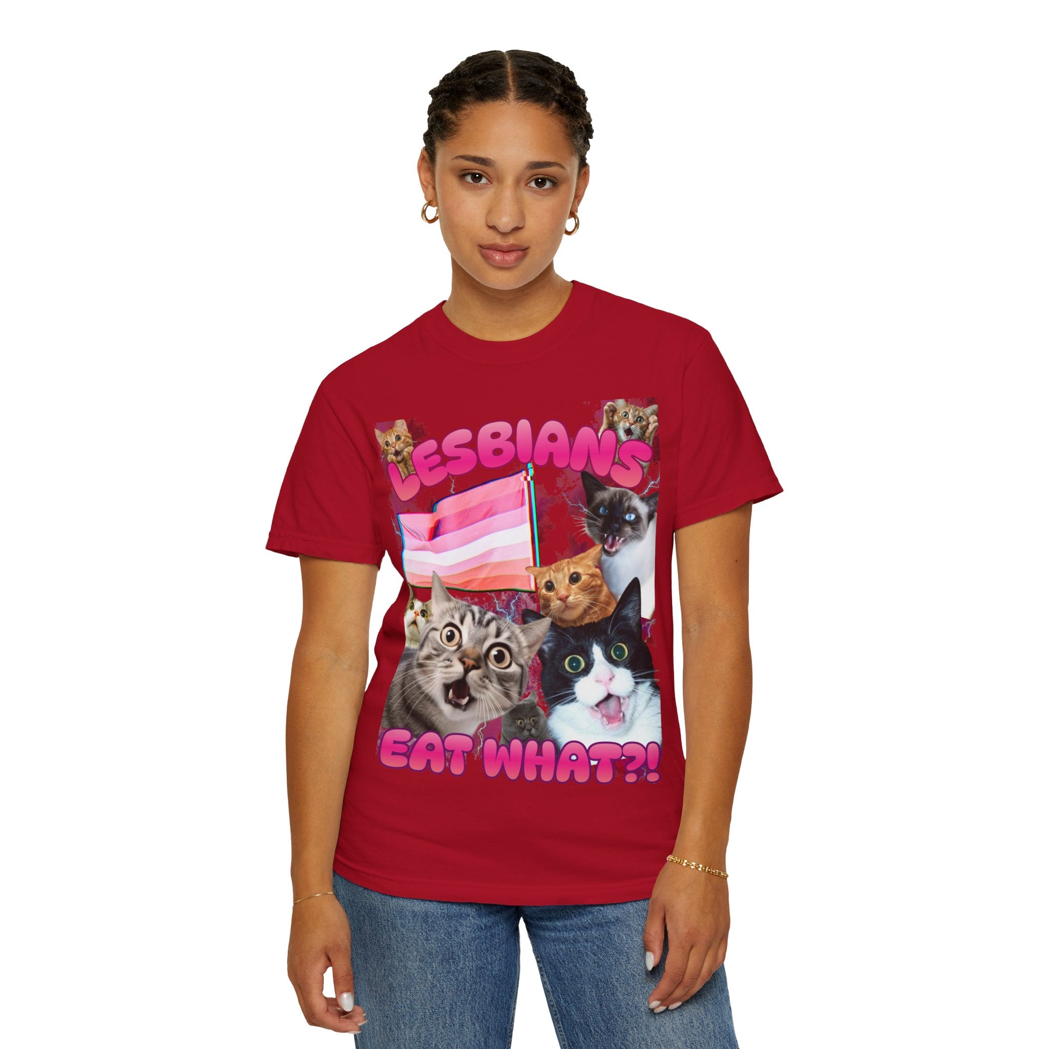 Lesbians Eat What?! Shocked Cats Unisex Garment-Dyed T-shirt