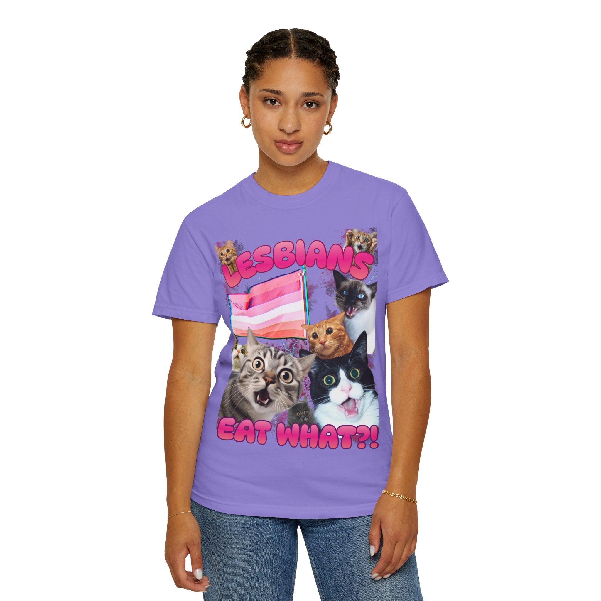 Lesbians Eat What?! Shocked Cats Unisex Garment-Dyed T-shirt