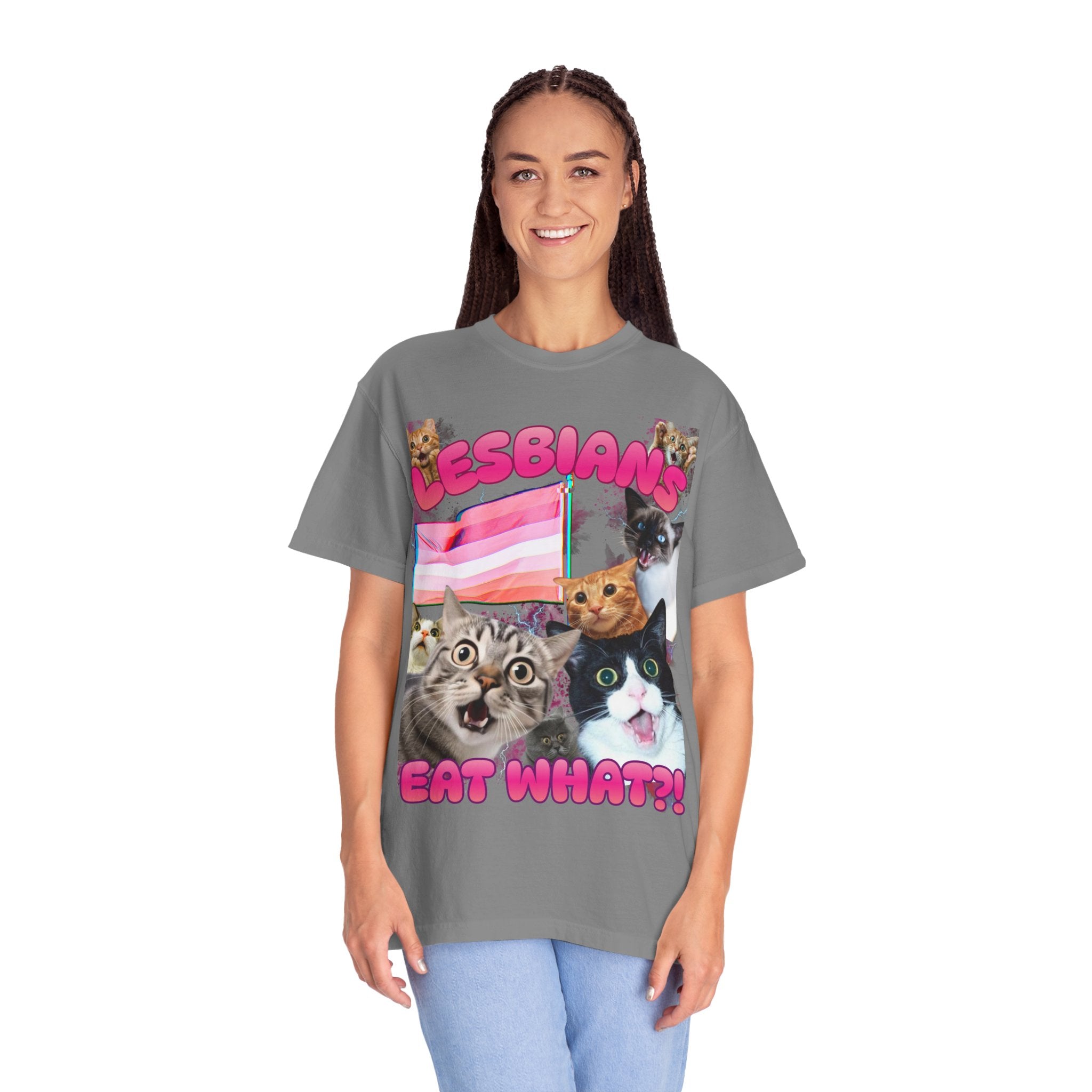 Lesbians Eat What?! Shocked Cats Unisex Garment-Dyed T-shirt