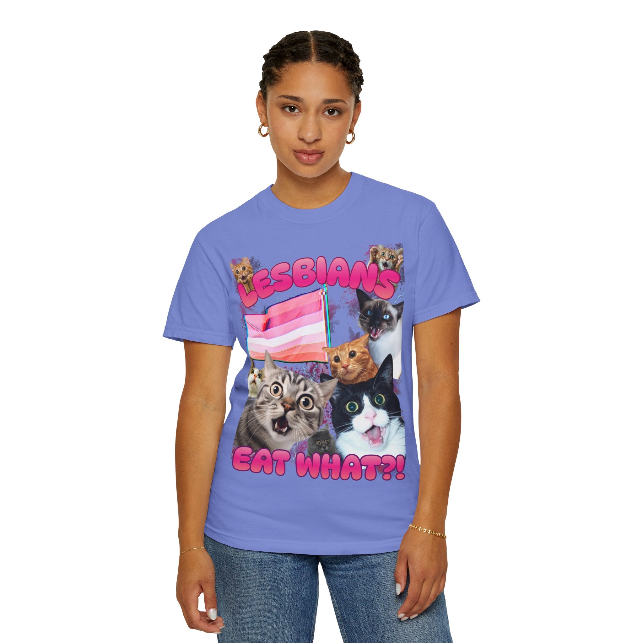 Lesbians Eat What?! Shocked Cats Unisex Garment-Dyed T-shirt