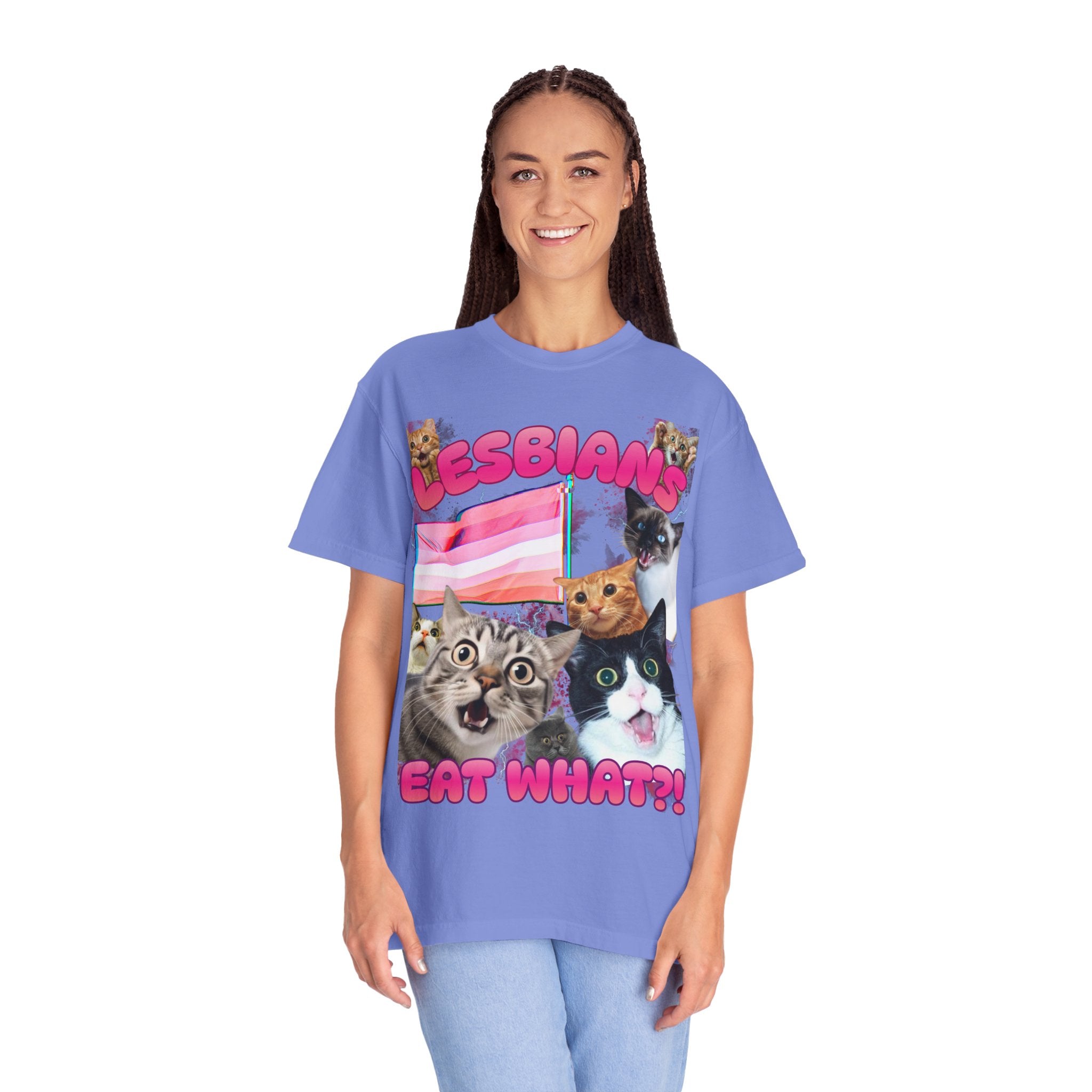 Lesbians Eat What?! Shocked Cats Unisex Garment-Dyed T-shirt
