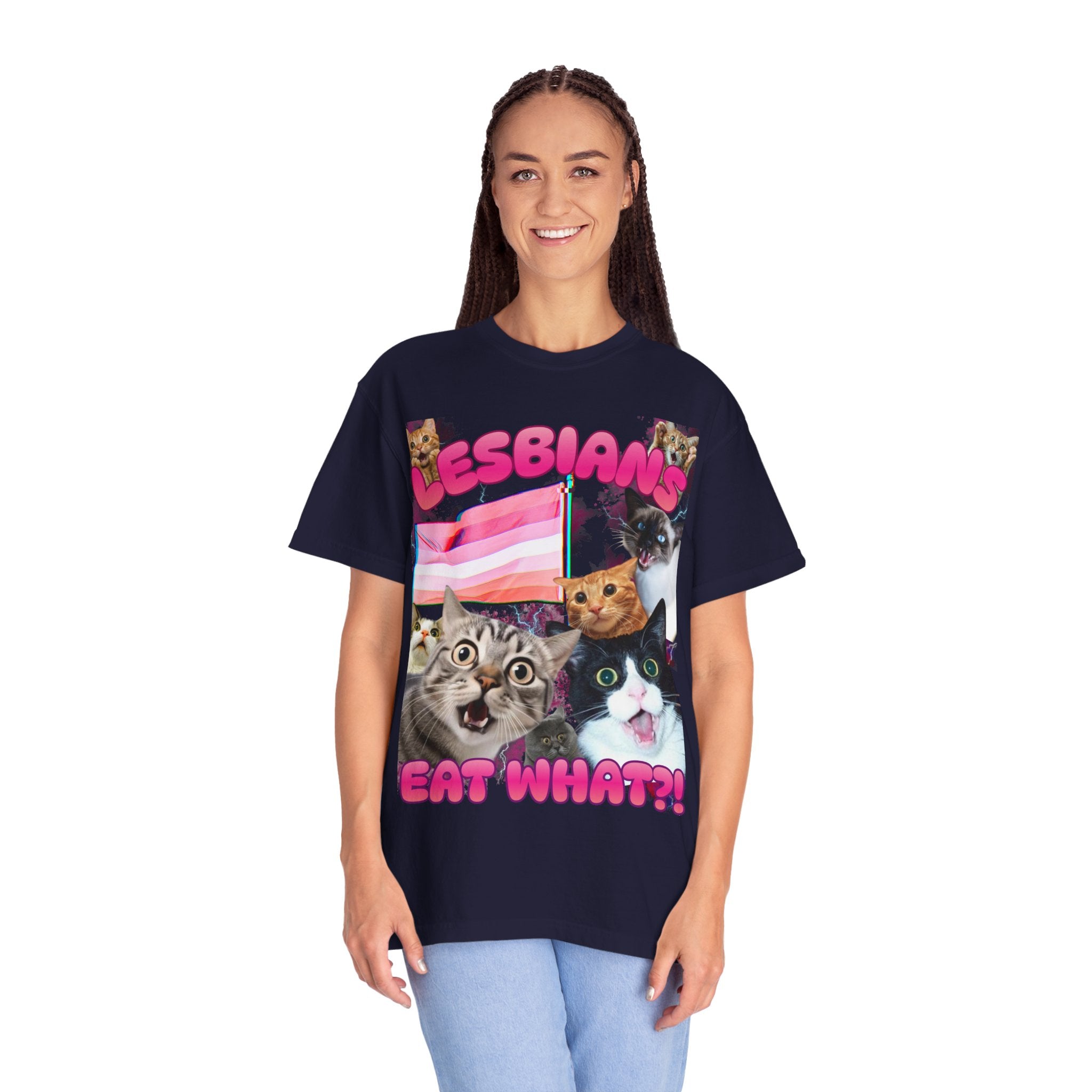 Lesbians Eat What?! Shocked Cats Unisex Garment-Dyed T-shirt