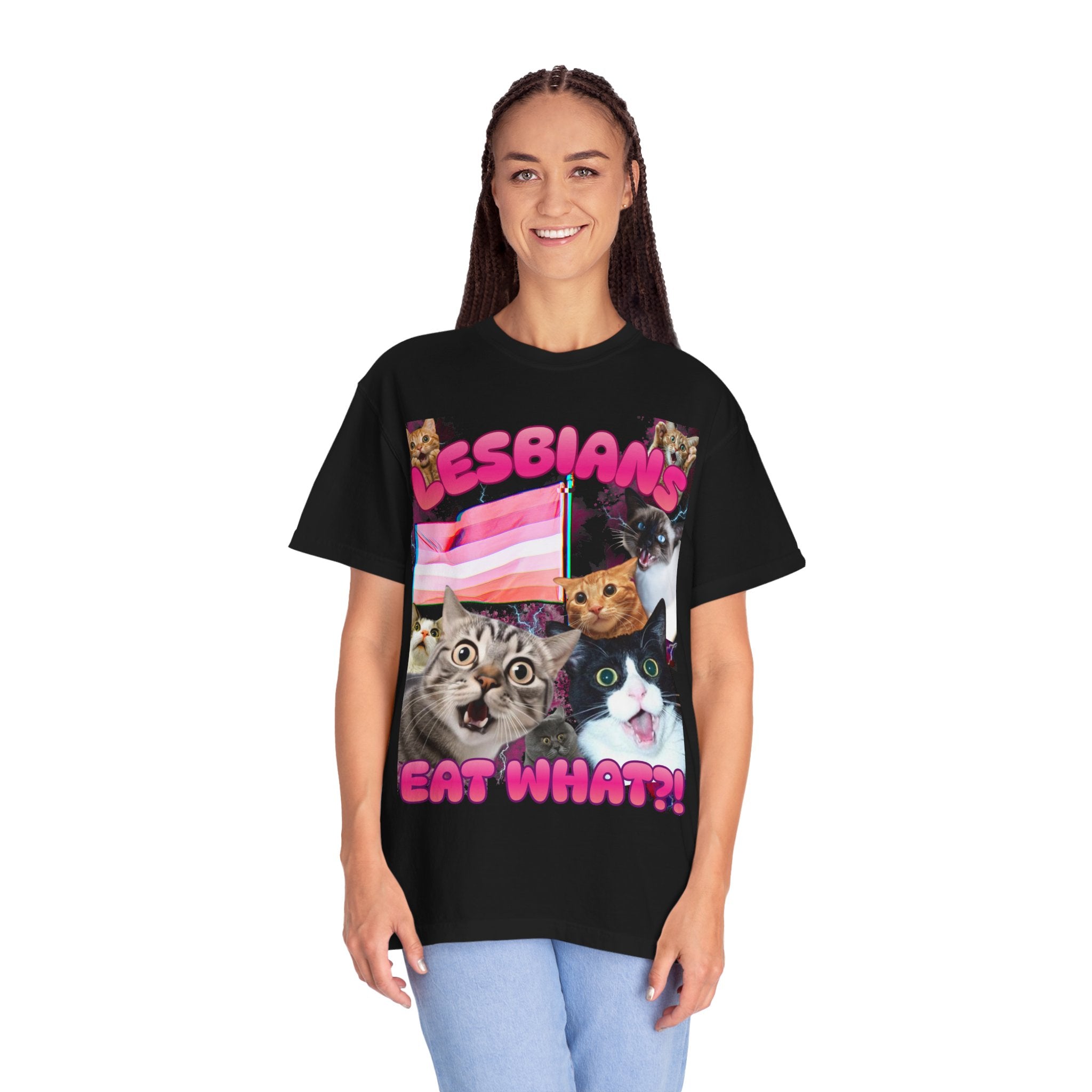 Lesbians Eat What?! Shocked Cats Unisex Garment-Dyed T-shirt