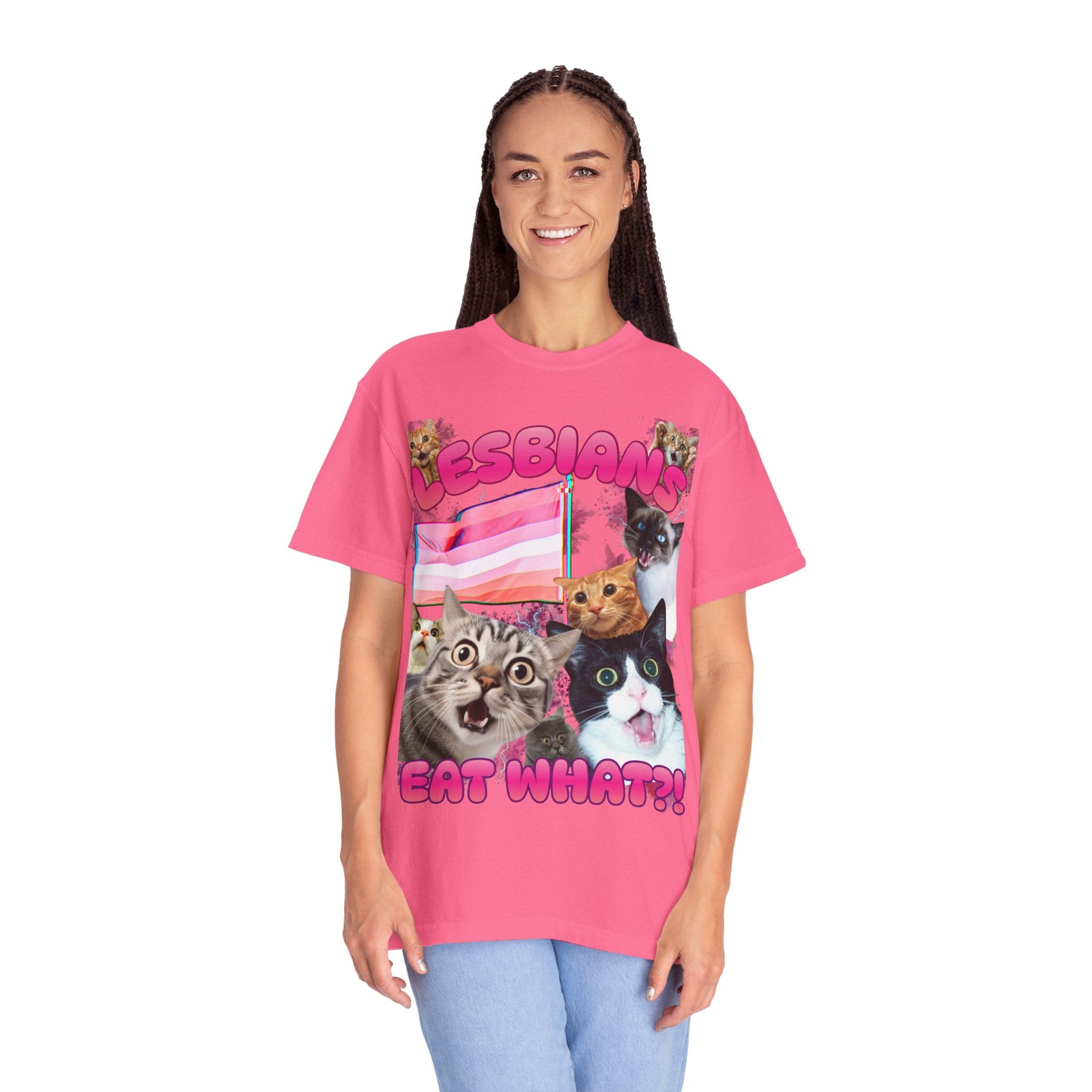 Lesbians Eat What?! Shocked Cats Unisex Garment-Dyed T-shirt