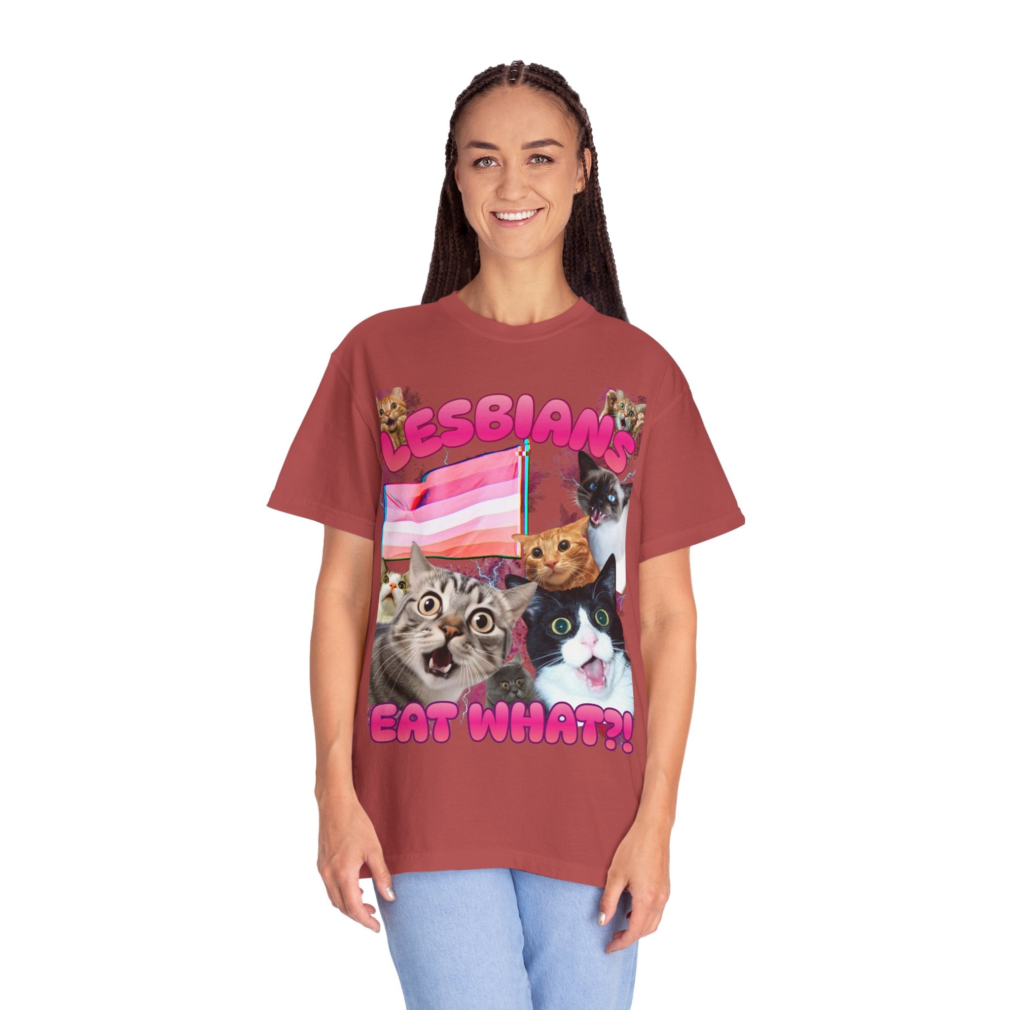 Lesbians Eat What?! Shocked Cats Unisex Garment-Dyed T-shirt