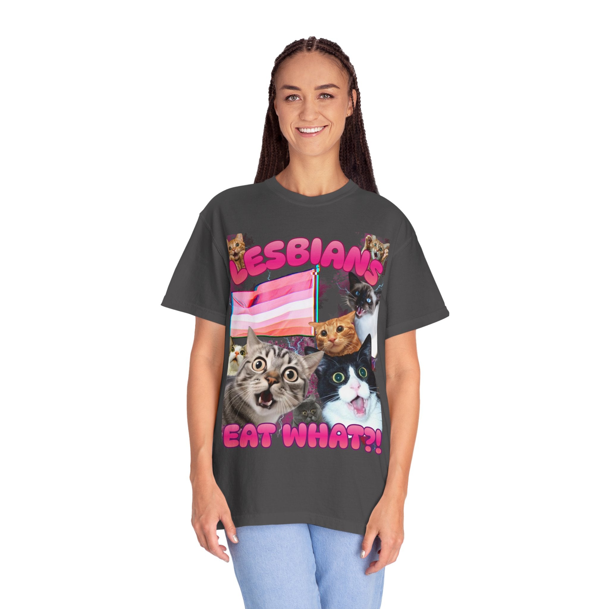 Lesbians Eat What?! Shocked Cats Unisex Garment-Dyed T-shirt