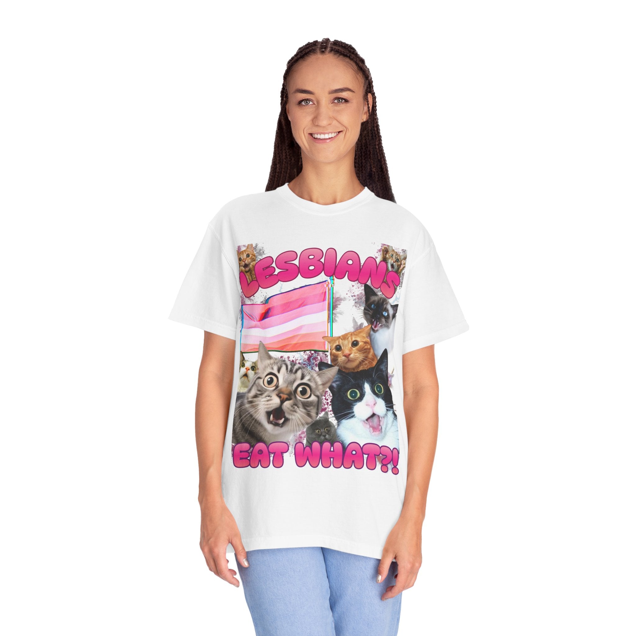 Lesbians Eat What?! Shocked Cats Unisex Garment-Dyed T-shirt