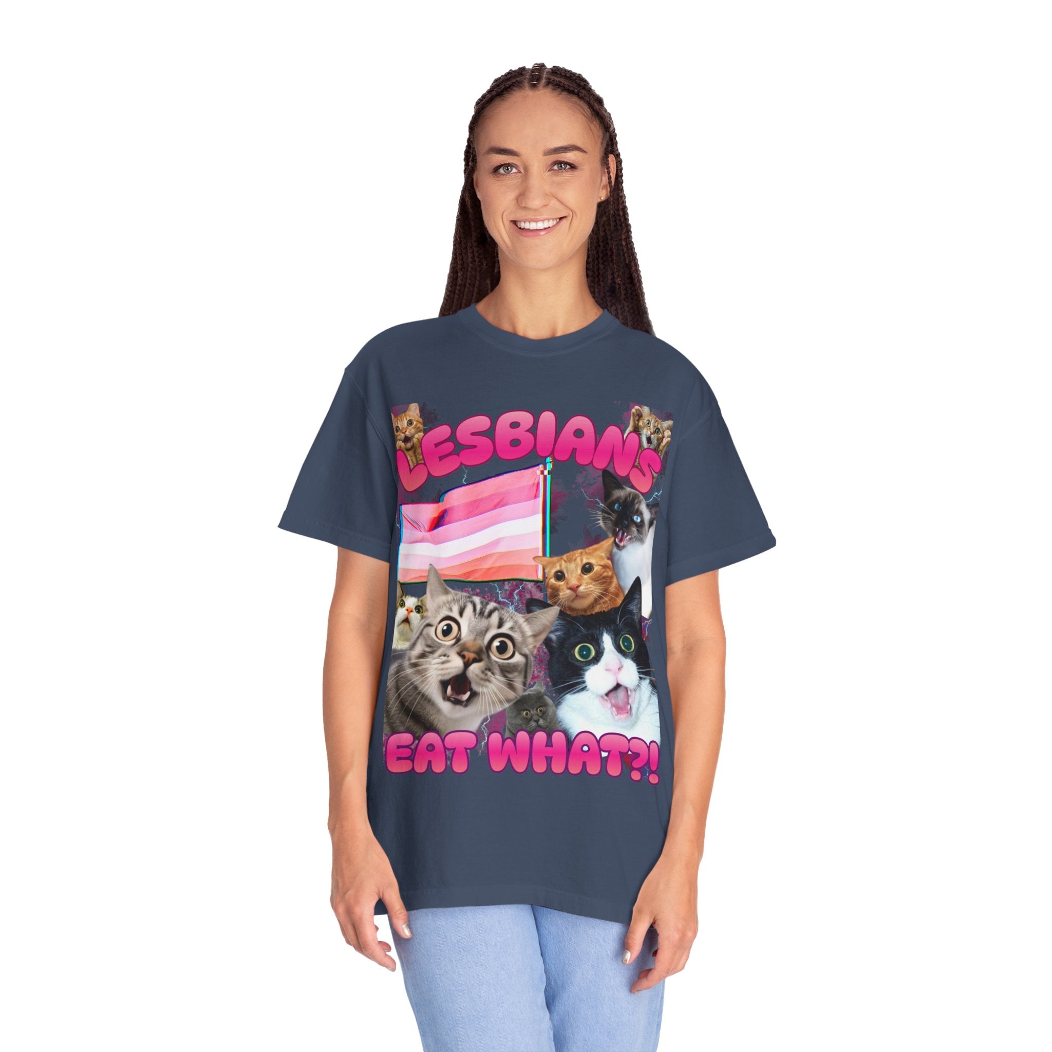 Lesbians Eat What?! Shocked Cats Unisex Garment-Dyed T-shirt