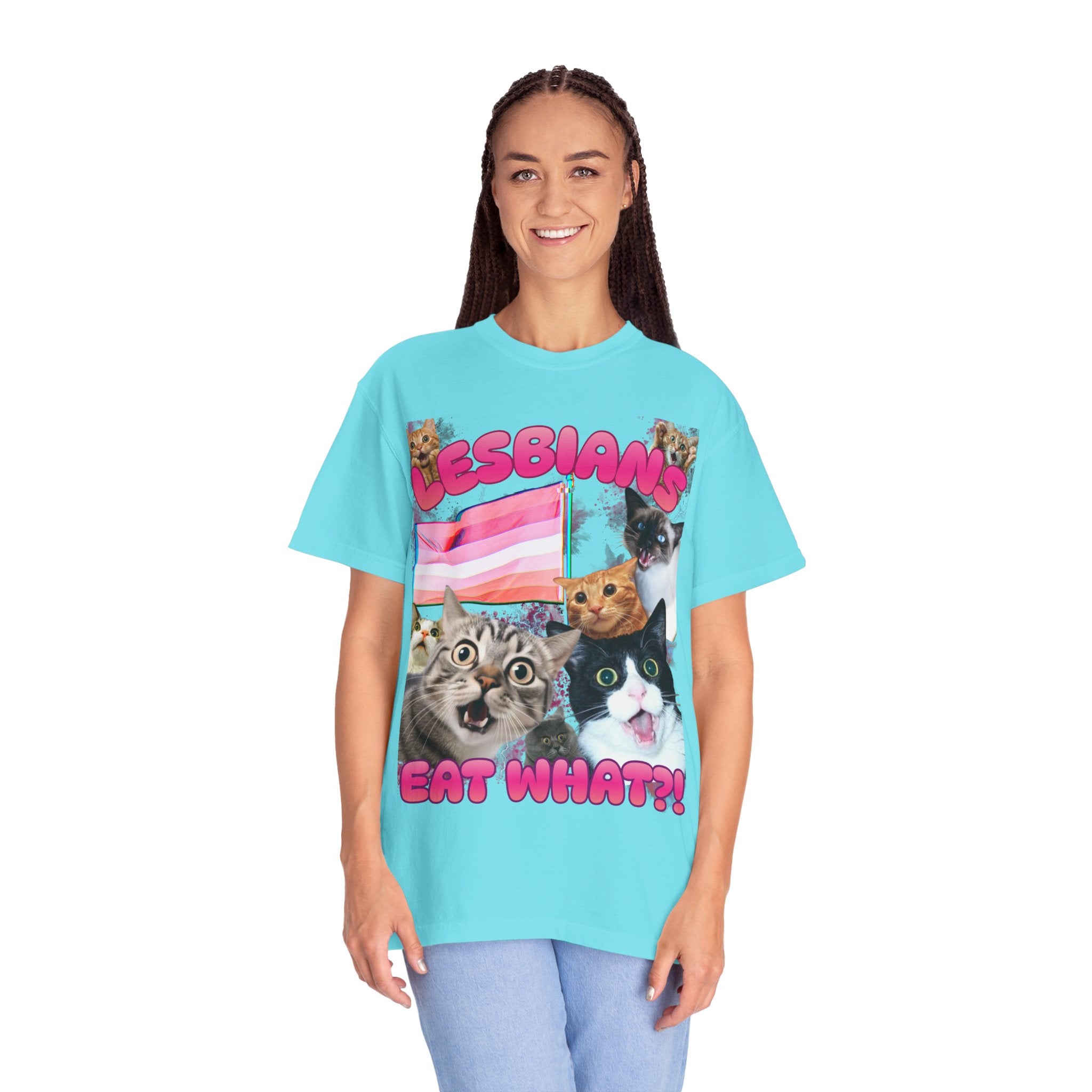 Lesbians Eat What?! Shocked Cats Unisex Garment-Dyed T-shirt