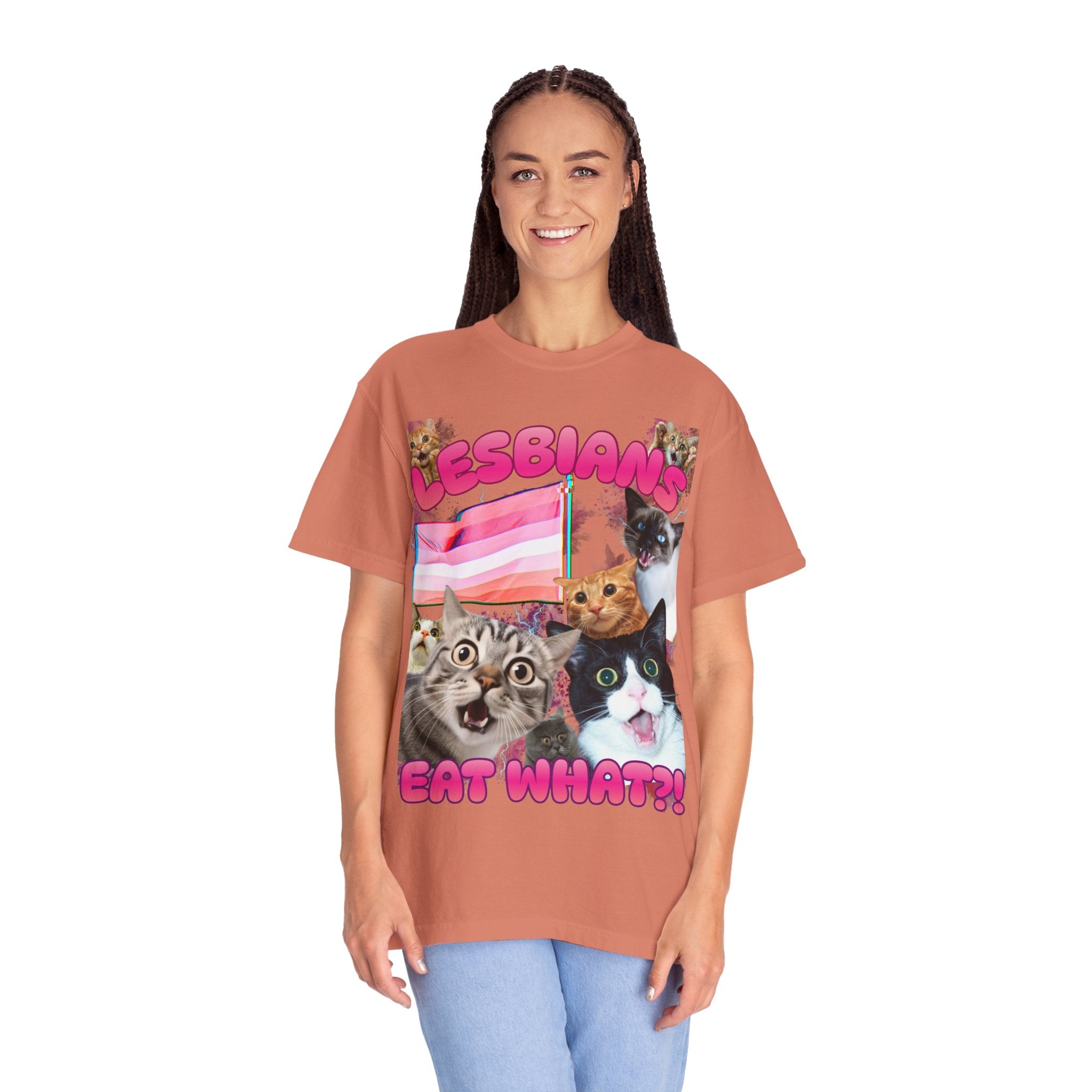 Lesbians Eat What?! Shocked Cats Unisex Garment-Dyed T-shirt