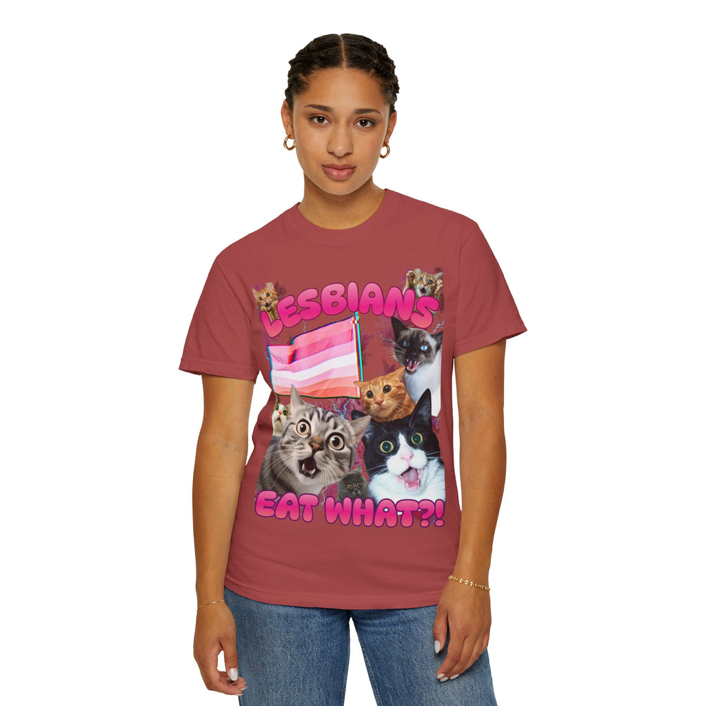 Lesbians Eat What?! Shocked Cats Unisex Garment-Dyed T-shirt