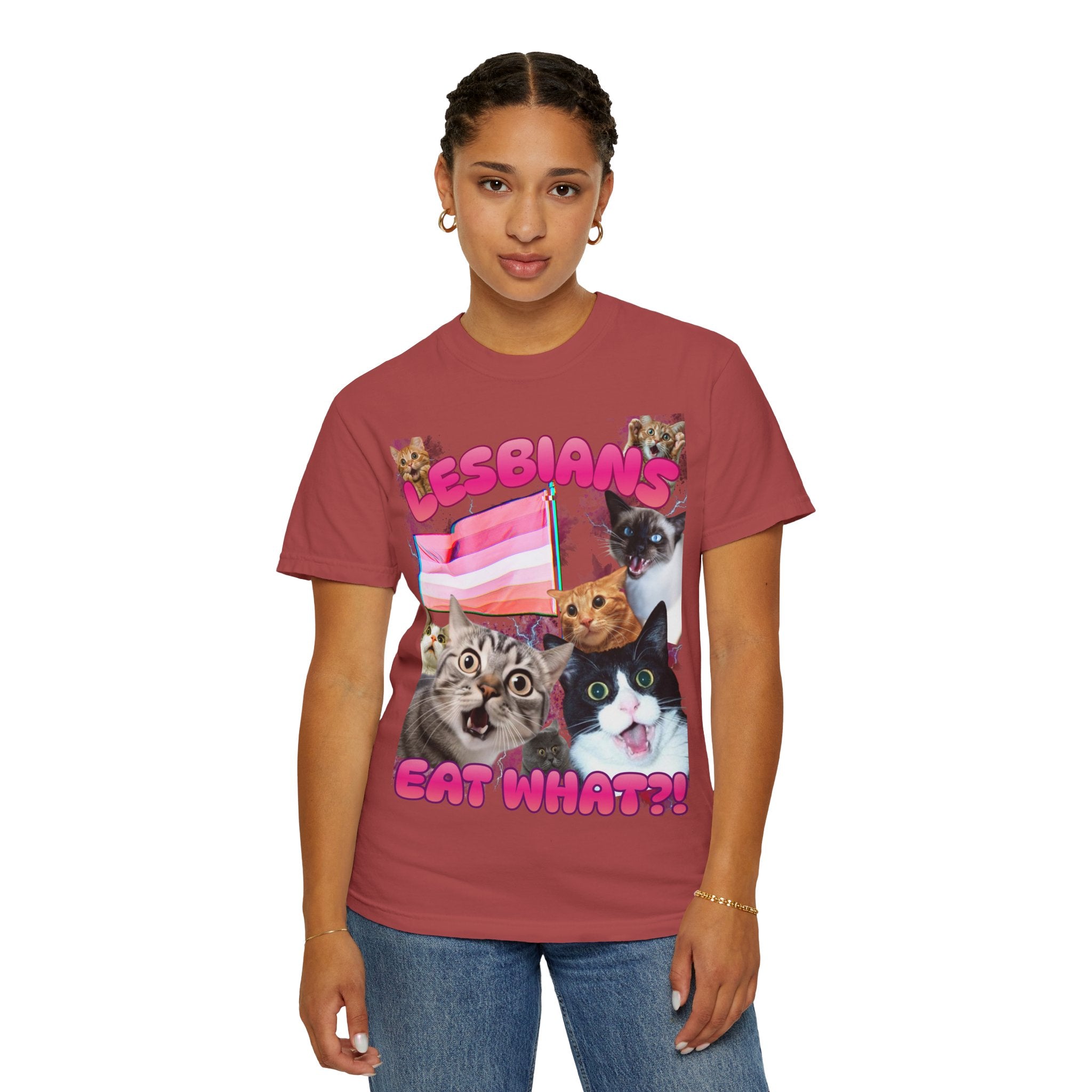 Lesbians Eat What?! Shocked Cats Unisex Garment-Dyed T-shirt