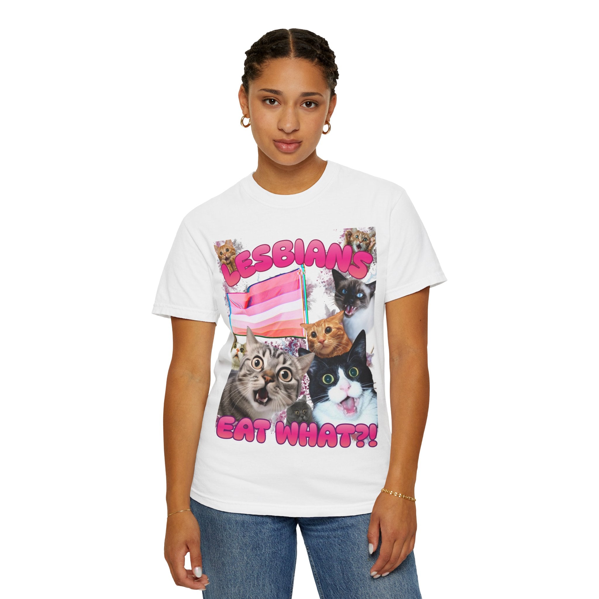 Lesbians Eat What?! Shocked Cats Unisex Garment-Dyed T-shirt