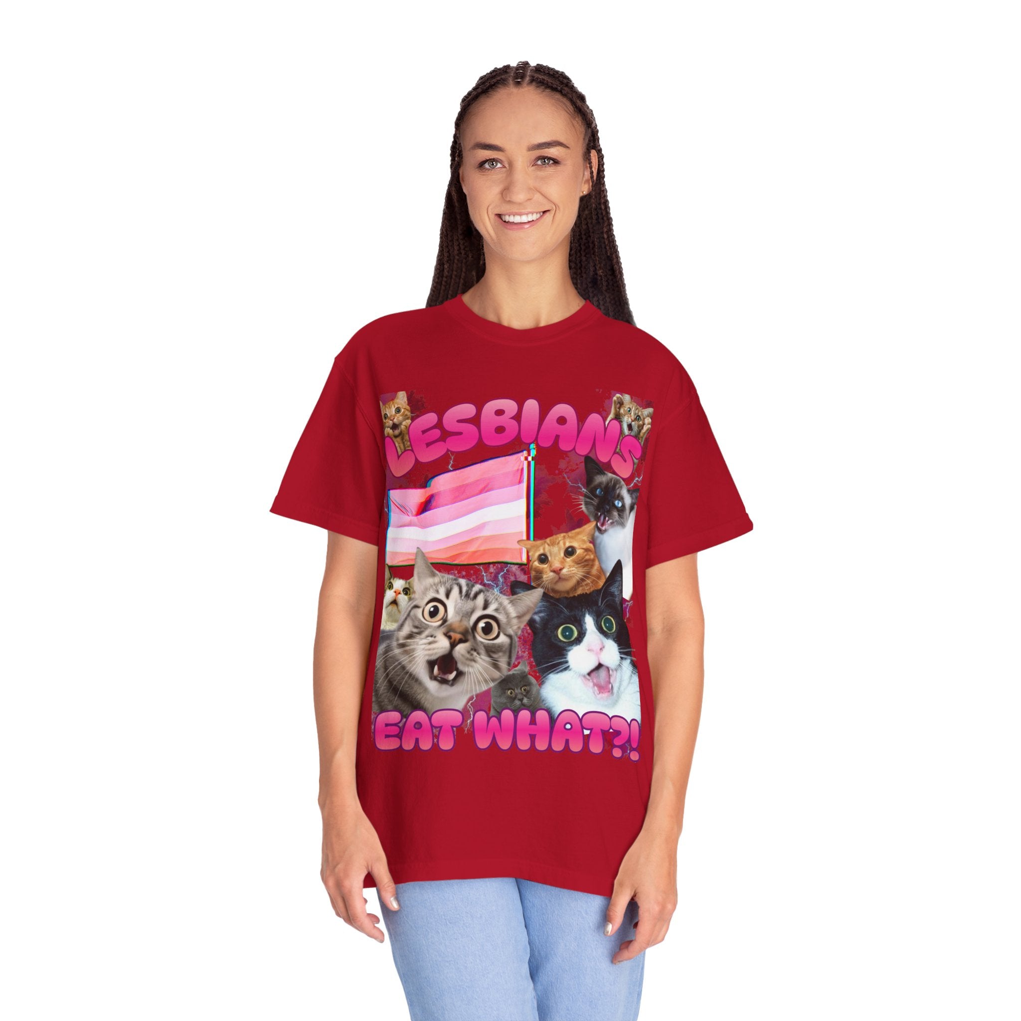 Lesbians Eat What?! Shocked Cats Unisex Garment-Dyed T-shirt