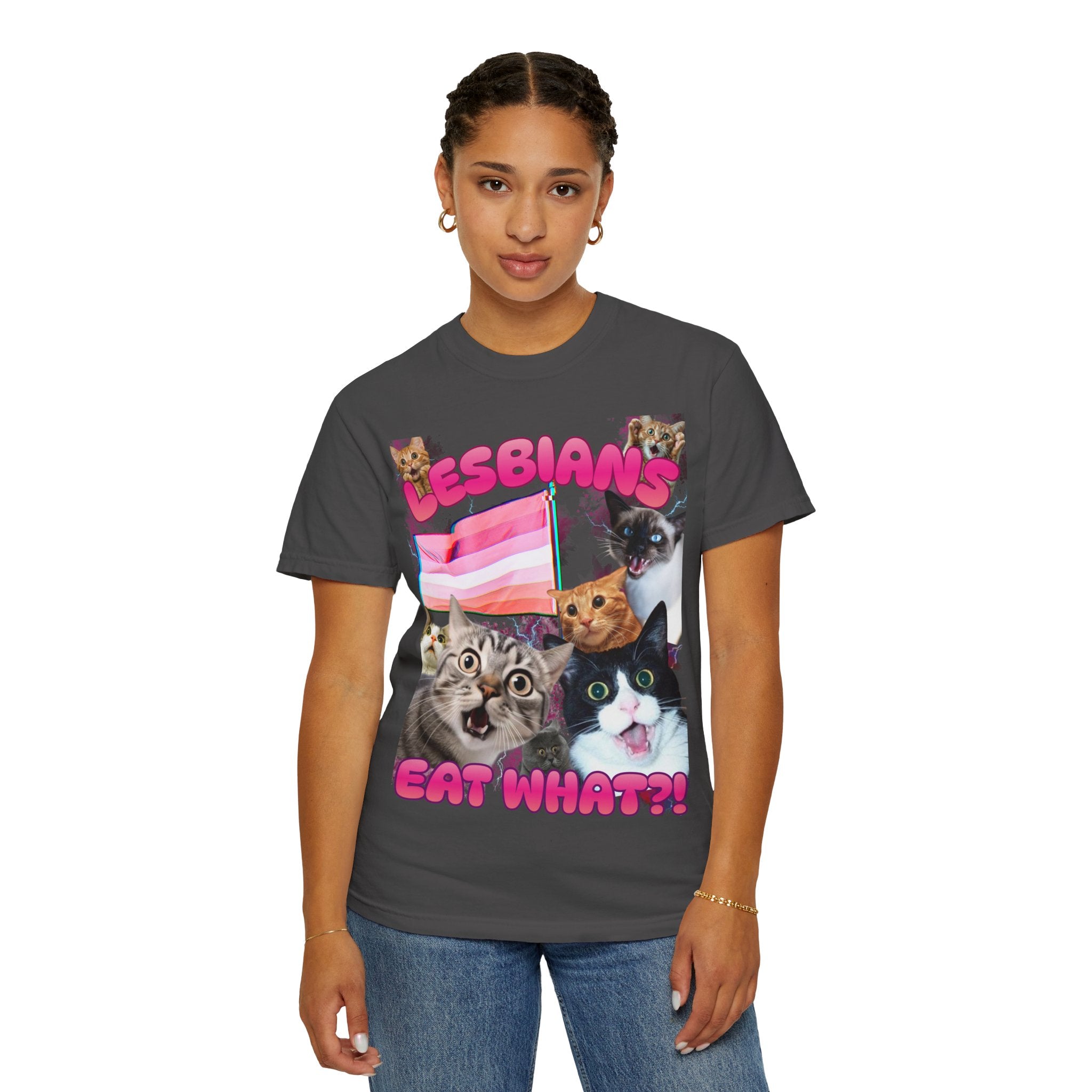 Lesbians Eat What?! Shocked Cats Unisex Garment-Dyed T-shirt